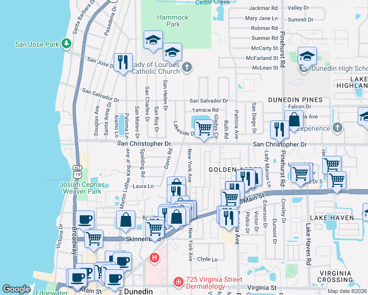 map of restaurants, bars, coffee shops, grocery stores, and more near 1266 Bass Boulevard in Dunedin