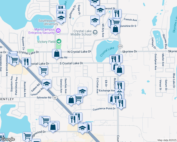 map of restaurants, bars, coffee shops, grocery stores, and more near 2325 Crystal Park North in Lakeland