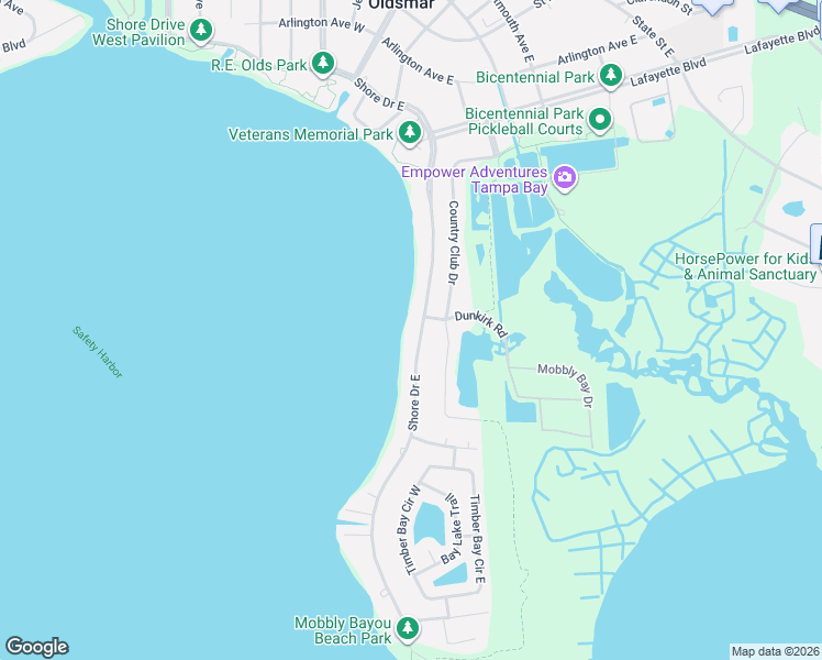 map of restaurants, bars, coffee shops, grocery stores, and more near 402 Shore Drive East in Oldsmar
