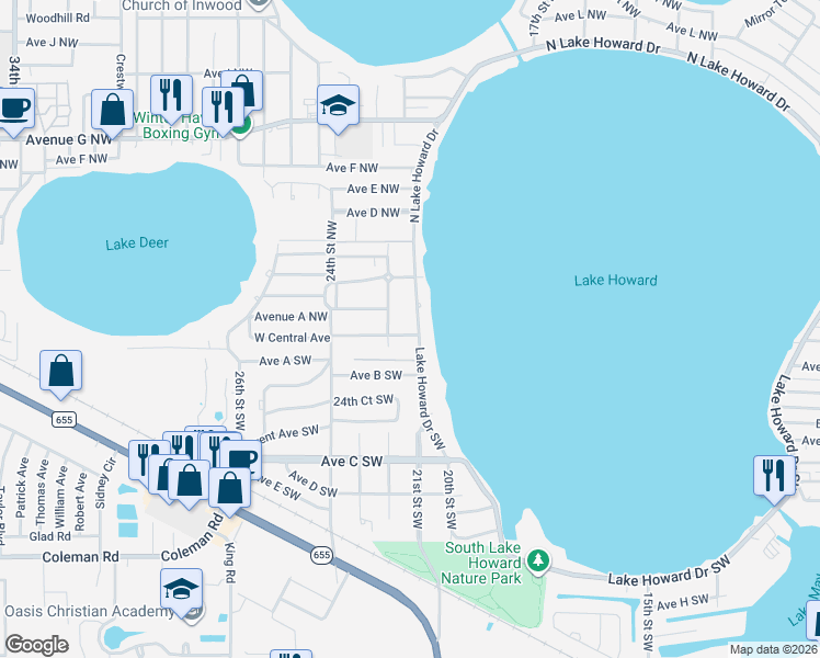 map of restaurants, bars, coffee shops, grocery stores, and more near 2145 West Central Avenue in Winter Haven