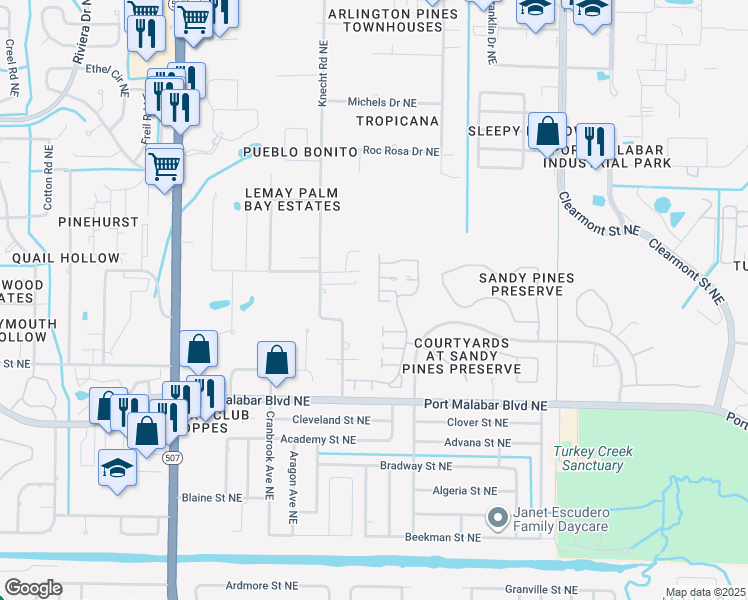 map of restaurants, bars, coffee shops, grocery stores, and more near 1935 Sundew Court Northeast in Palm Bay