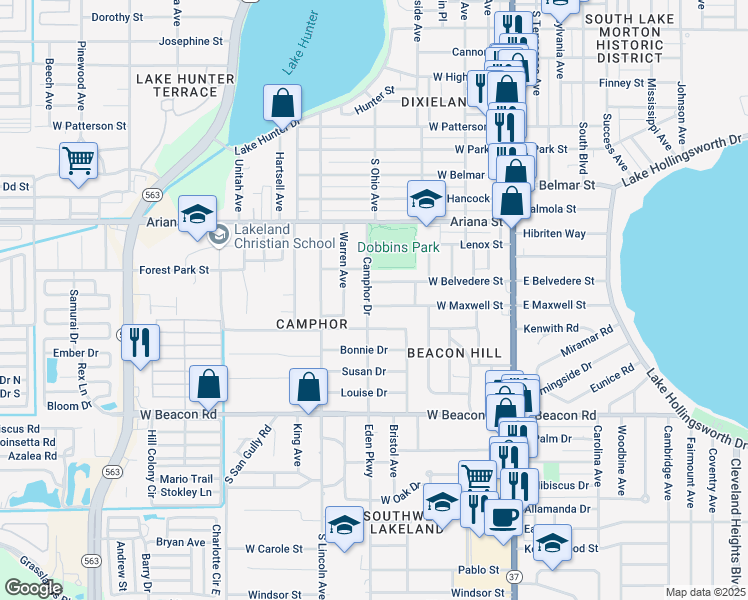map of restaurants, bars, coffee shops, grocery stores, and more near 1618 Camphor Drive in Lakeland