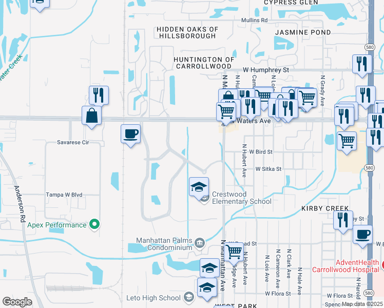 map of restaurants, bars, coffee shops, grocery stores, and more near 4511 Woodland Corporate Boulevard in Tampa