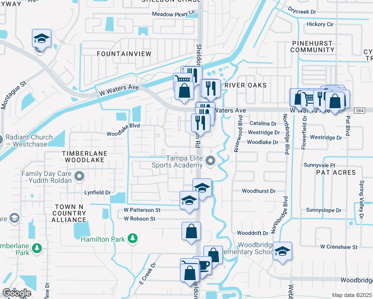 map of restaurants, bars, coffee shops, grocery stores, and more near 8102 Woodlake Boulevard in Town 'n' Country