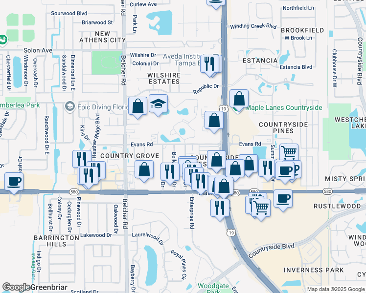 map of restaurants, bars, coffee shops, grocery stores, and more near 2798 Cypress Drive in Clearwater