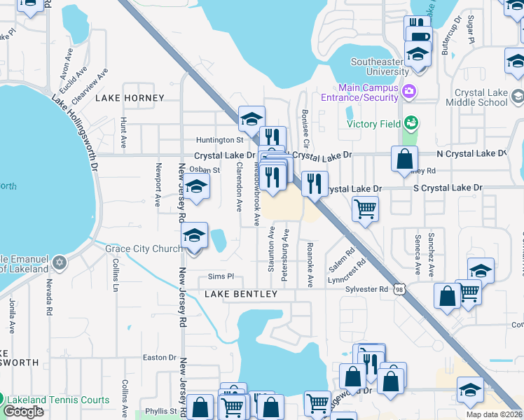 map of restaurants, bars, coffee shops, grocery stores, and more near 1618 Meadowbrook Avenue in Lakeland