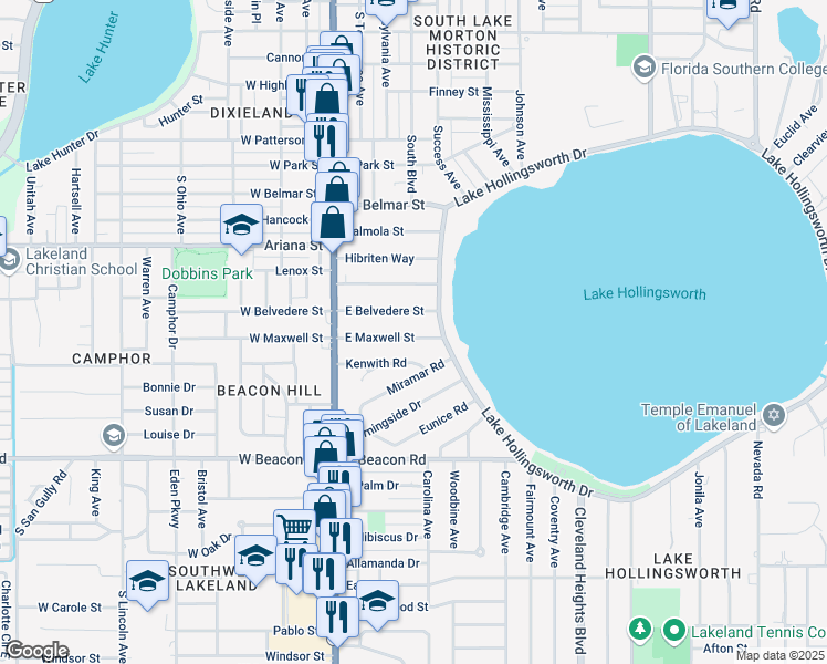 map of restaurants, bars, coffee shops, grocery stores, and more near 404 East Maxwell Street in Lakeland
