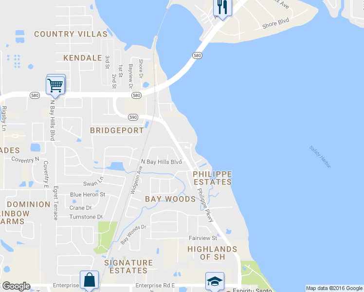 map of restaurants, bars, coffee shops, grocery stores, and more near 3027 Key Harbor Drive in Safety Harbor