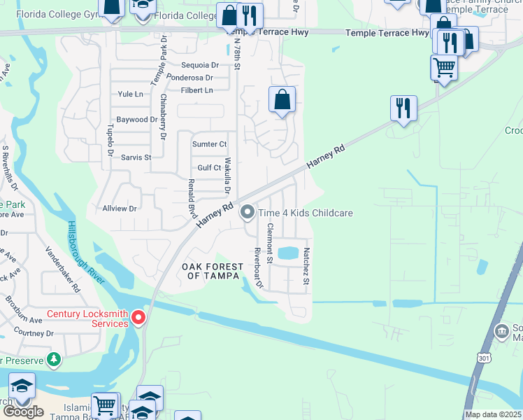 map of restaurants, bars, coffee shops, grocery stores, and more near 8339 Riverboat Drive in Tampa