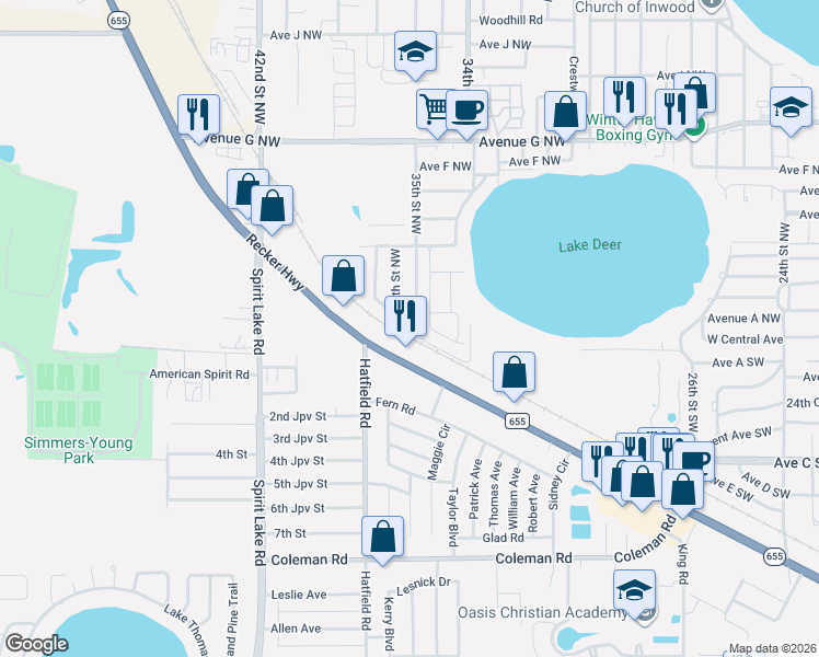 map of restaurants, bars, coffee shops, grocery stores, and more near 3490 Westwood Avenue in Winter Haven