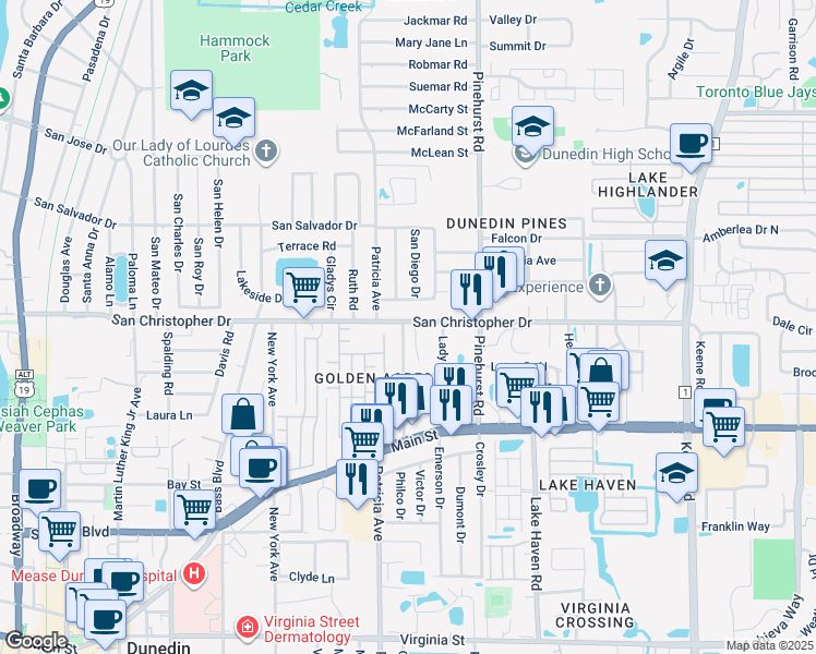 map of restaurants, bars, coffee shops, grocery stores, and more near 1391 Robin Hood Lane in Dunedin