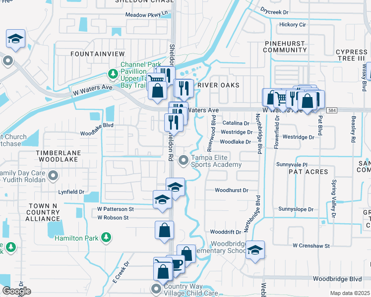 map of restaurants, bars, coffee shops, grocery stores, and more near 8125 Sheldon Road in Tampa