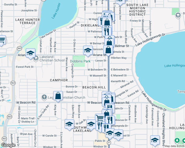 map of restaurants, bars, coffee shops, grocery stores, and more near 401 West Maxwell Street in Lakeland