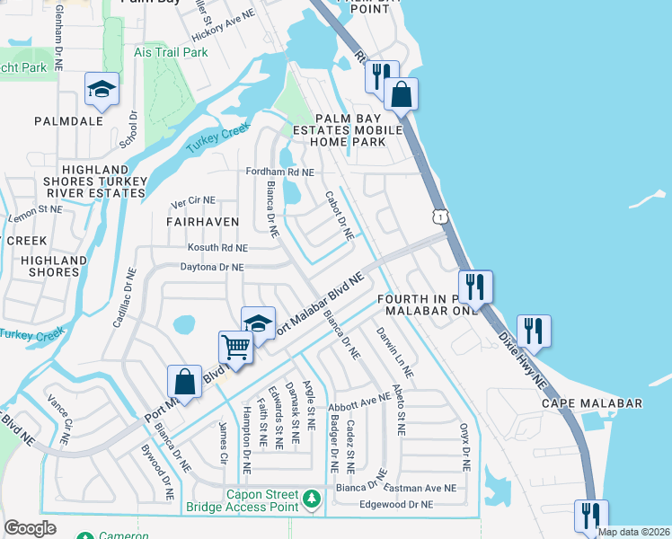 map of restaurants, bars, coffee shops, grocery stores, and more near 1033 Cabot Drive Northeast in Palm Bay