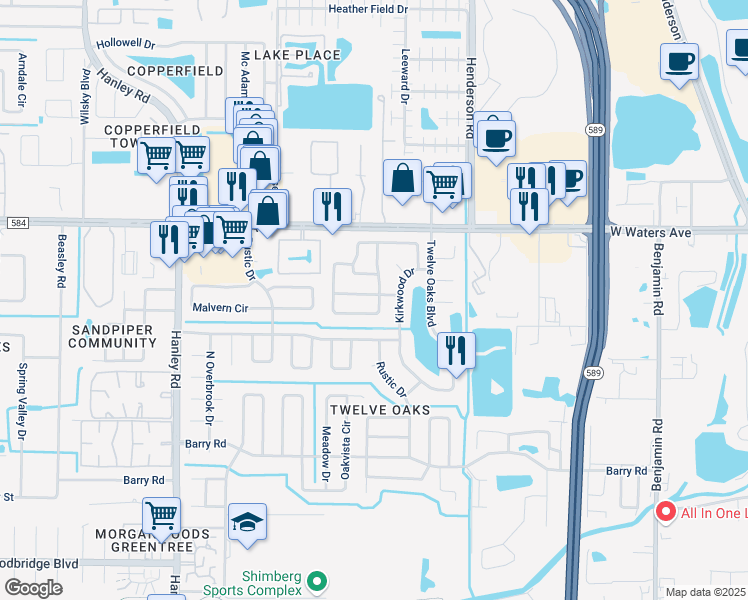 map of restaurants, bars, coffee shops, grocery stores, and more near 7002 Edenbrook Court in Tampa