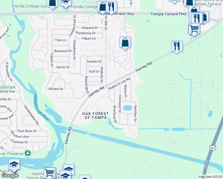 map of restaurants, bars, coffee shops, grocery stores, and more near 7703 Robert E Lee Road in Tampa