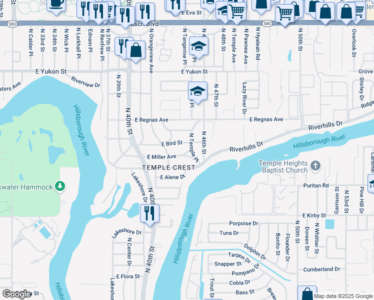 map of restaurants, bars, coffee shops, grocery stores, and more near 4220 East Miller Avenue in Tampa