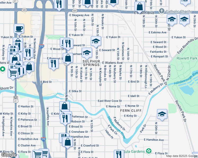 map of restaurants, bars, coffee shops, grocery stores, and more near 8206 Klondyke Street in Tampa