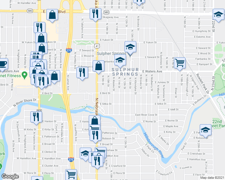 map of restaurants, bars, coffee shops, grocery stores, and more near 8206 North Alaska Street in Tampa