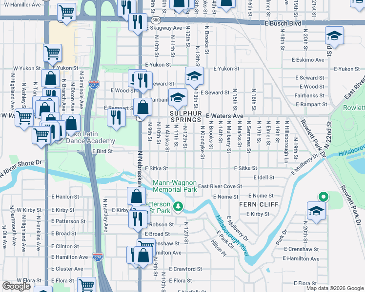 map of restaurants, bars, coffee shops, grocery stores, and more near 8208 North 12th Street in Tampa