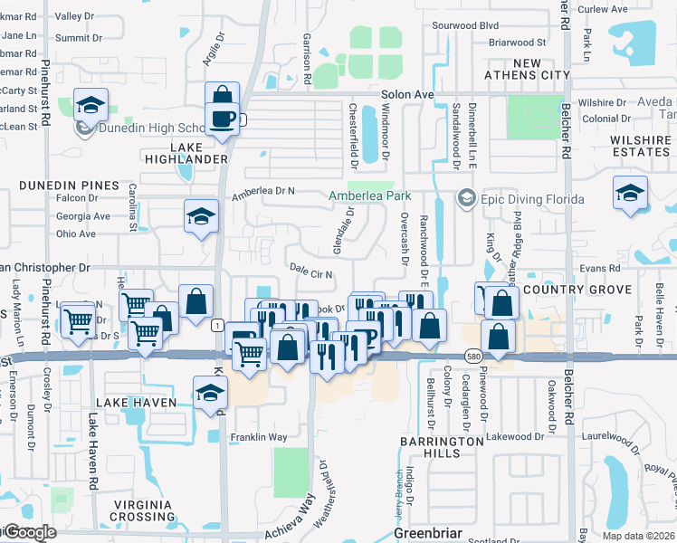 map of restaurants, bars, coffee shops, grocery stores, and more near 1638 Dale Circle North in Dunedin