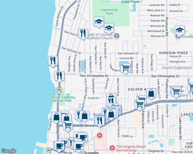 map of restaurants, bars, coffee shops, grocery stores, and more near 600 San Christopher Drive in Dunedin