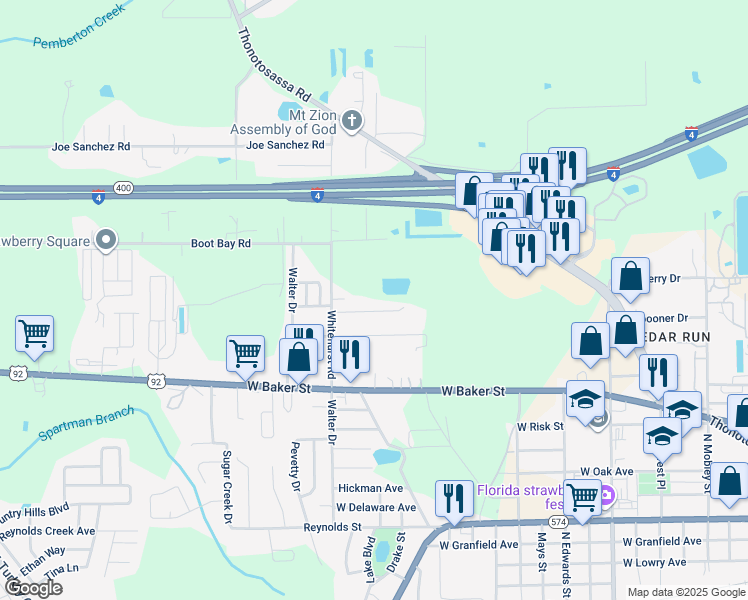 map of restaurants, bars, coffee shops, grocery stores, and more near 3310 Spooner Drive in Plant City