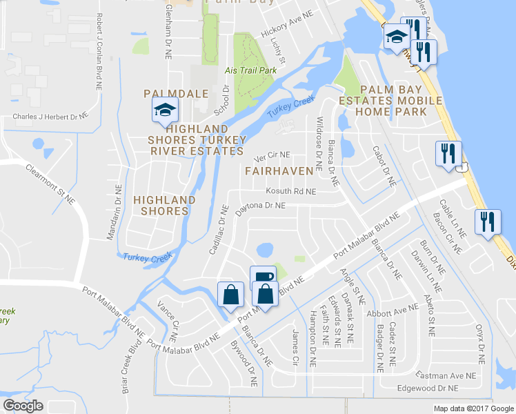 map of restaurants, bars, coffee shops, grocery stores, and more near 1055 Daytona Drive Northeast in Palm Bay