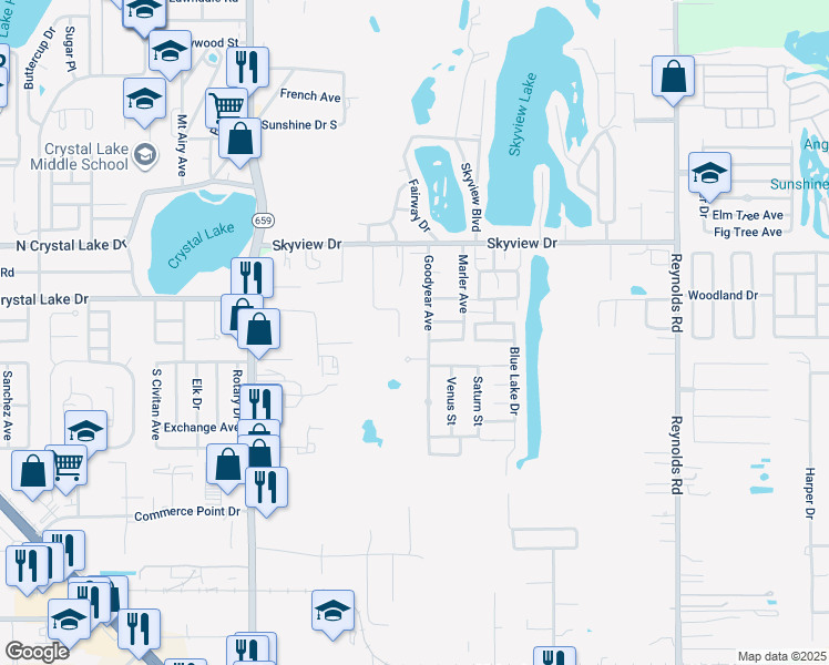 map of restaurants, bars, coffee shops, grocery stores, and more near 1639 Goodyear Avenue in Lakeland