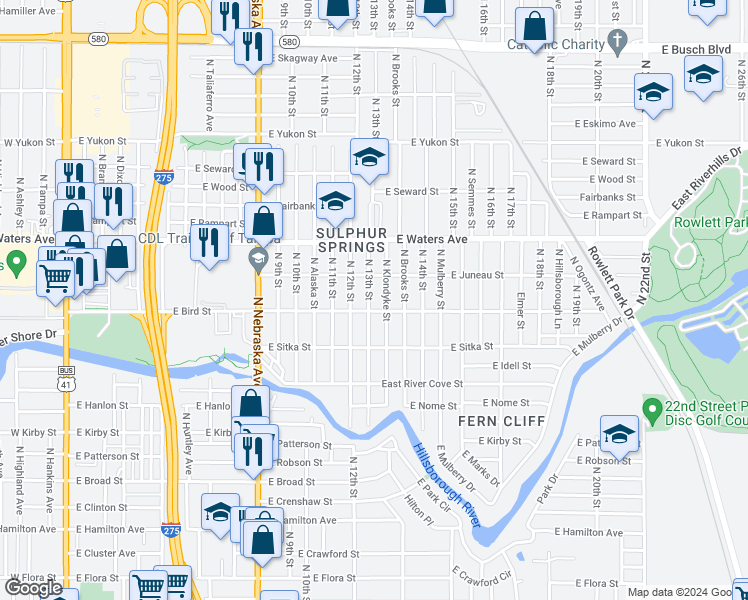 map of restaurants, bars, coffee shops, grocery stores, and more near 8206 North Klondyke Street in Tampa