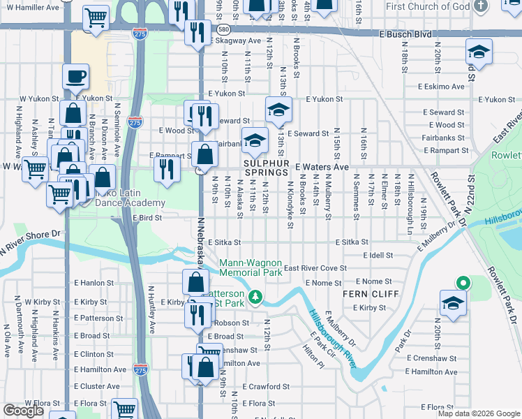 map of restaurants, bars, coffee shops, grocery stores, and more near 8208 North 12th Street in Tampa