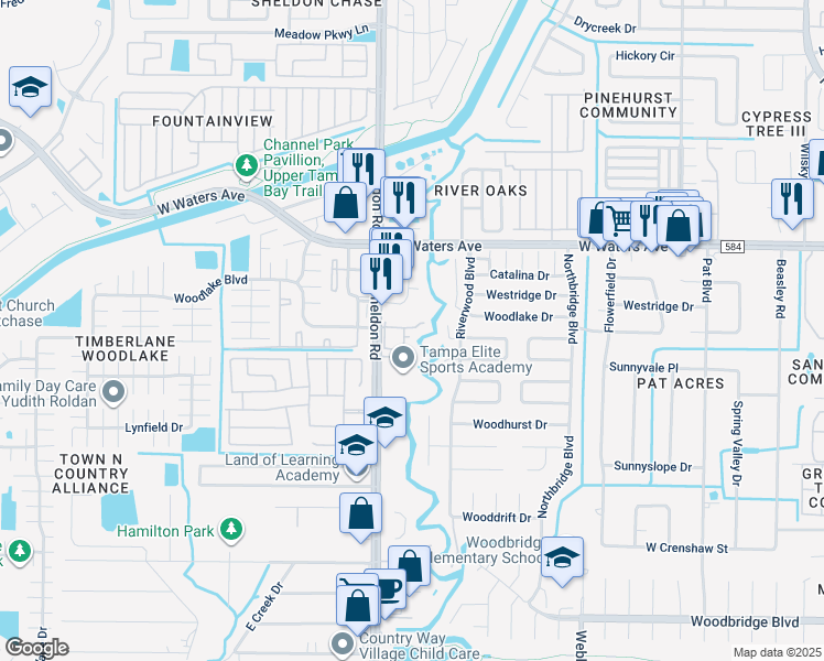 map of restaurants, bars, coffee shops, grocery stores, and more near 8125 Sheldon Road in Tampa