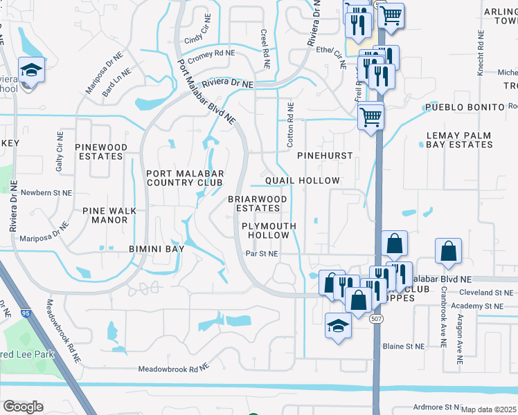 map of restaurants, bars, coffee shops, grocery stores, and more near 1501 Flag Dr NE in Palm Bay