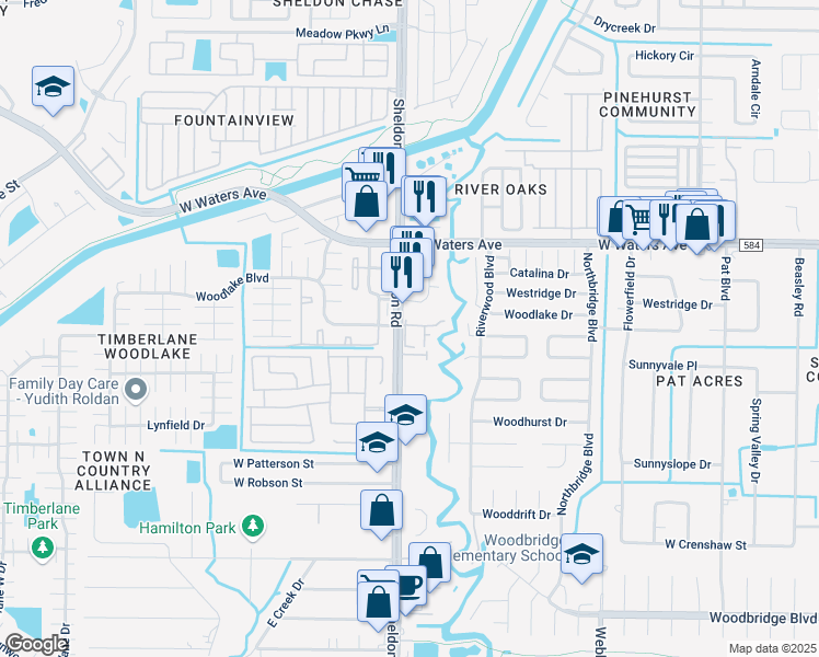 map of restaurants, bars, coffee shops, grocery stores, and more near 8125 Sheldon Road in Tampa