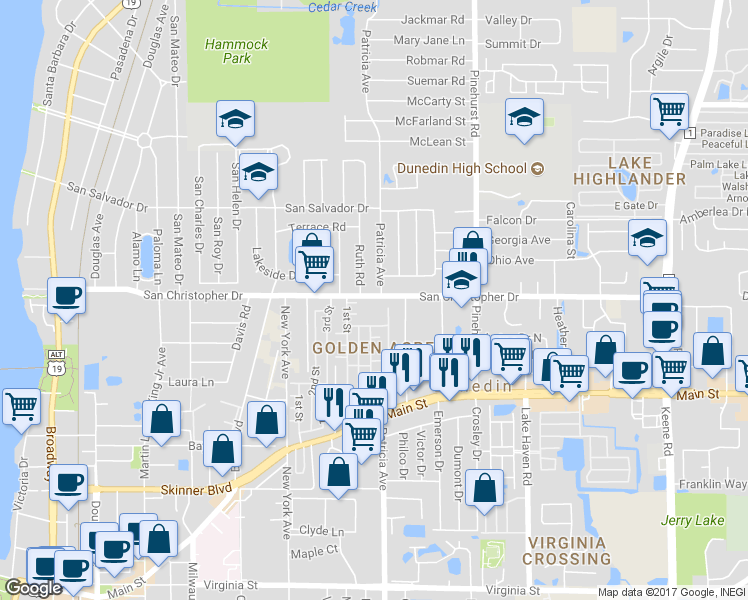 map of restaurants, bars, coffee shops, grocery stores, and more near 825 San Christopher Drive in Dunedin