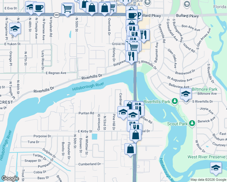 map of restaurants, bars, coffee shops, grocery stores, and more near 8022 Pine Hill Drive in Tampa