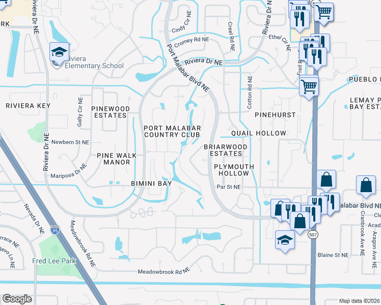 map of restaurants, bars, coffee shops, grocery stores, and more near 962 Waialae Cir NE in Palm Bay