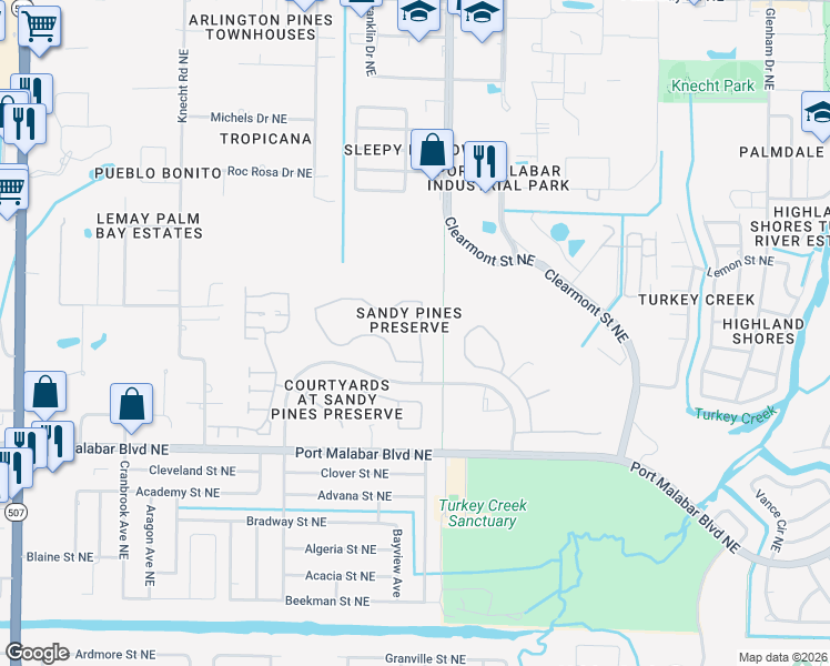 map of restaurants, bars, coffee shops, grocery stores, and more near 2255 Spring Creek Circle in Palm Bay