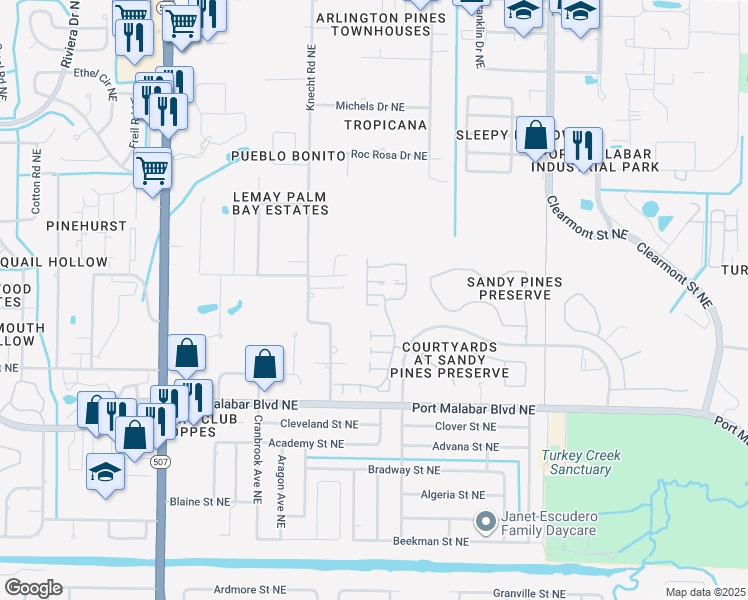 map of restaurants, bars, coffee shops, grocery stores, and more near 1935 Sundew Court Northeast in Palm Bay