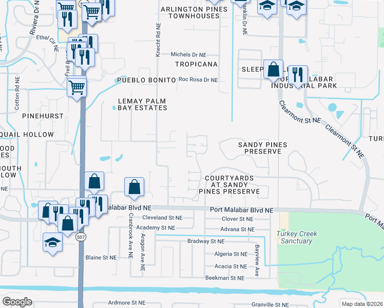 map of restaurants, bars, coffee shops, grocery stores, and more near 1935 Sundew Court Northeast in Palm Bay