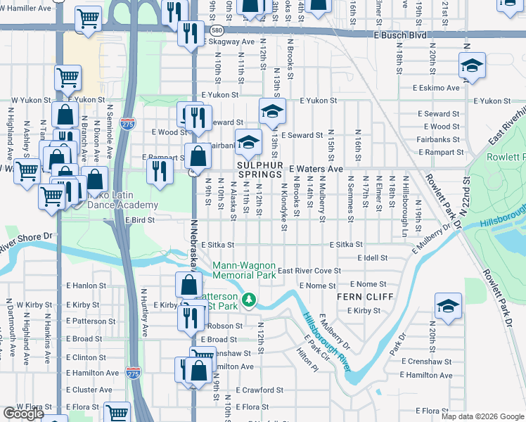 map of restaurants, bars, coffee shops, grocery stores, and more near 8208 North 12th Street in Tampa