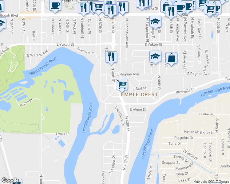 map of restaurants, bars, coffee shops, grocery stores, and more near 8111 North Greenwood Avenue in Tampa