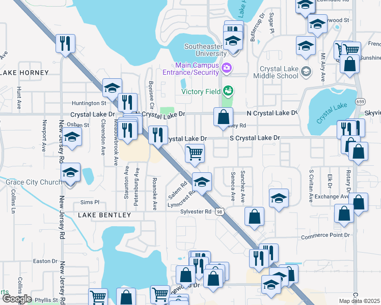 map of restaurants, bars, coffee shops, grocery stores, and more near 2005 Crystal Court West in Lakeland