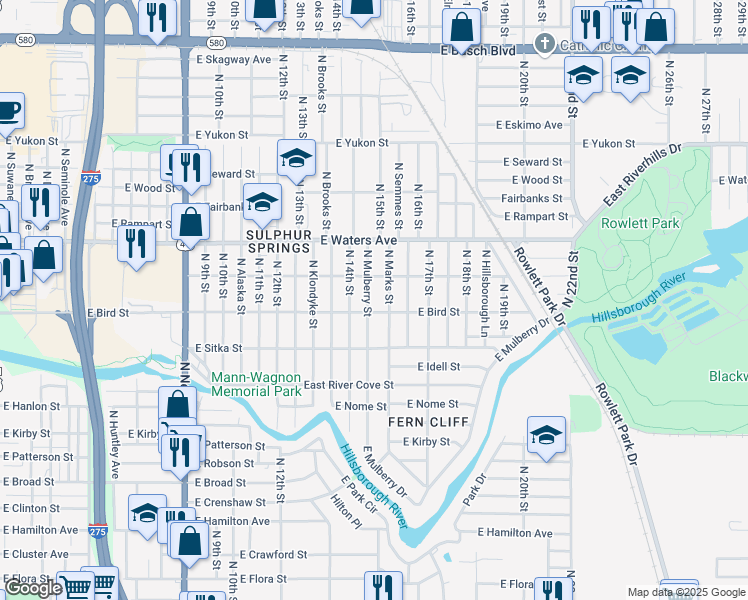 map of restaurants, bars, coffee shops, grocery stores, and more near 8207 North Mulberry Street in Tampa