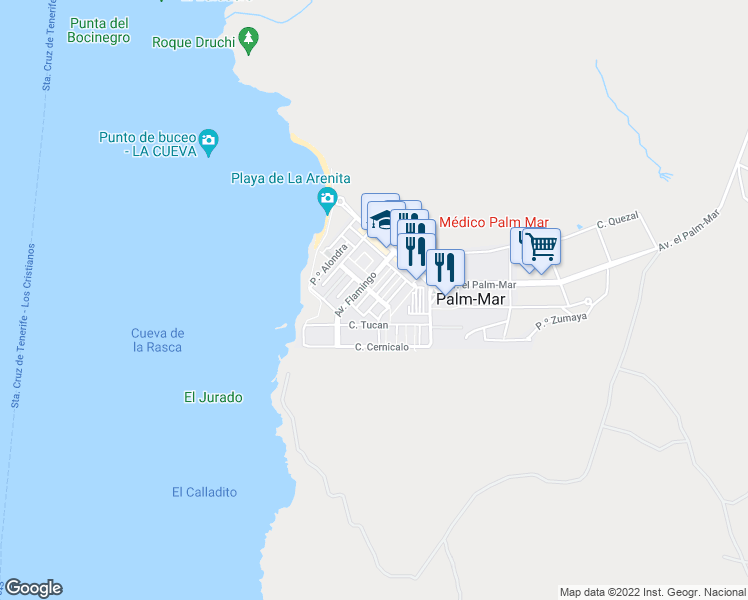 map of restaurants, bars, coffee shops, grocery stores, and more near 235 Avenida Colibrí in Palm-Mar