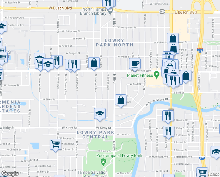 map of restaurants, bars, coffee shops, grocery stores, and more near 8125 North Edison Avenue in Tampa