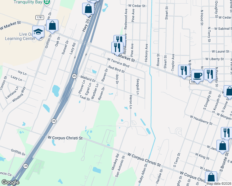 map of restaurants, bars, coffee shops, grocery stores, and more near 1005 Ibis Drive in Rockport