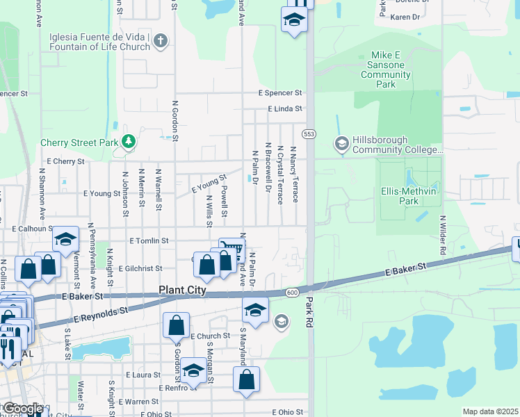 map of restaurants, bars, coffee shops, grocery stores, and more near 908 North Palm Drive in Plant City