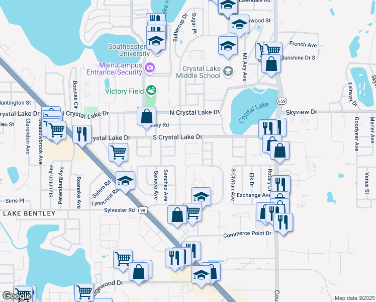 map of restaurants, bars, coffee shops, grocery stores, and more near 2272 Crystalview Court in Lakeland