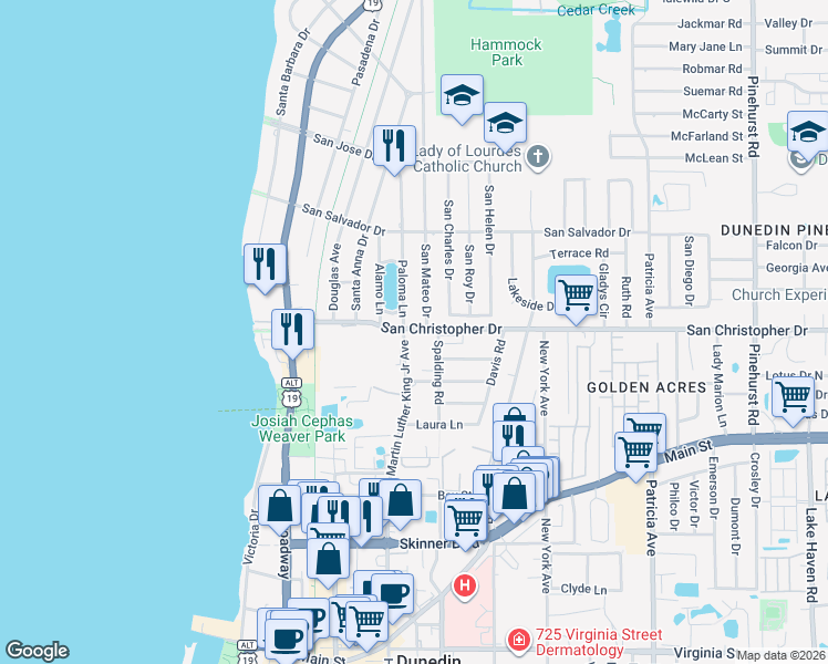 map of restaurants, bars, coffee shops, grocery stores, and more near 504 San Christopher Boulevard in Dunedin